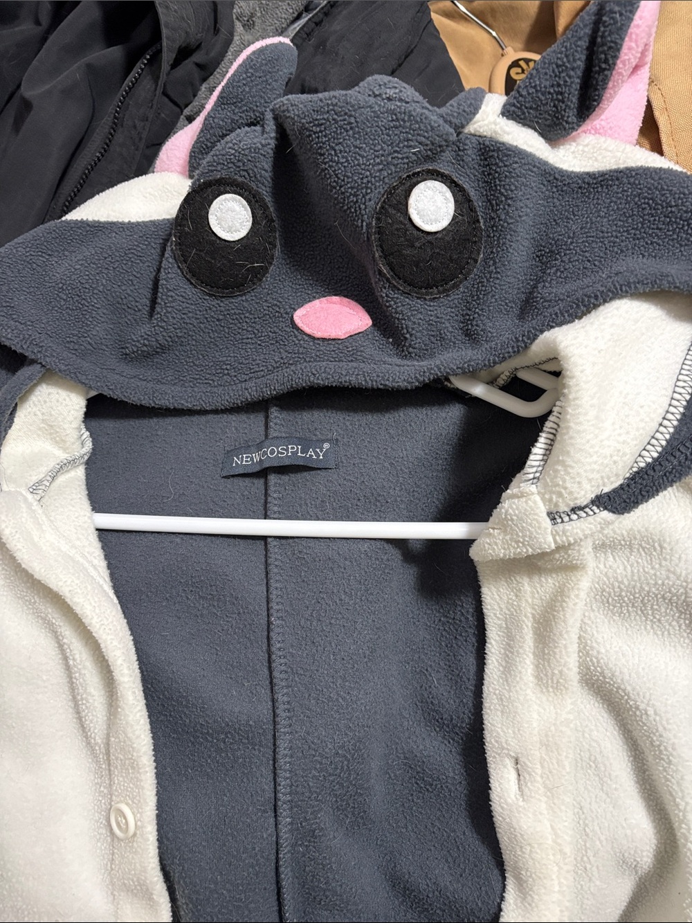 NEWCOSPLAY Gray & White Plush Animal Hooded Onesie with Pink Accents